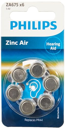 PHILIPS Batterien 1,4 V für Hörgeräte 675 (Hearing Aid Battery) ZA675B6A/00, Premium-Zink-Air-Technologie, Lange Akkulaufzeit, einfache Klappe, Typ PR44 und ZA675 (6 Stück) Blau von Philips