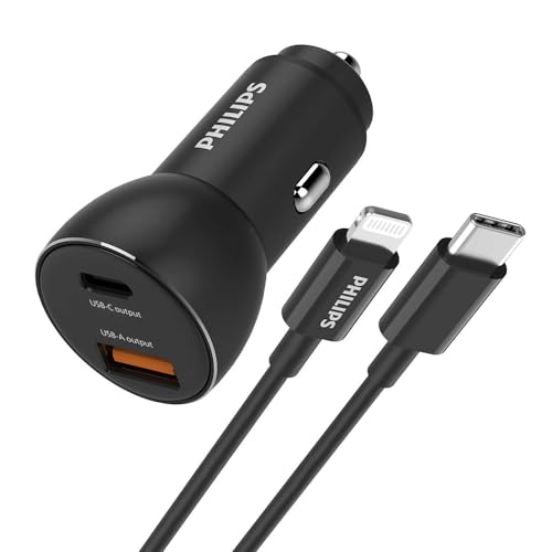 PHILIPS DLP2521L/00 - Autoladegerät mit USB-A und USB-C Anschlüss und Lightning-Kabel für iPhone - USB-C to Lightning 1 Meter - Schwarz von Philips