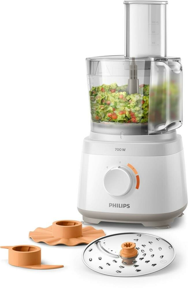 PHILIPS Küchenmaschine Daily Collection HR7310/00 (700 Watt, 2 Geschwindigkeitsstufen, 1,5 Liter, Messereinheit, S-Messer, Emulgier-Werkzeug, Knethaken, Drehbare Edelstahl-Scheibe, Turbo, Puls) von Philips