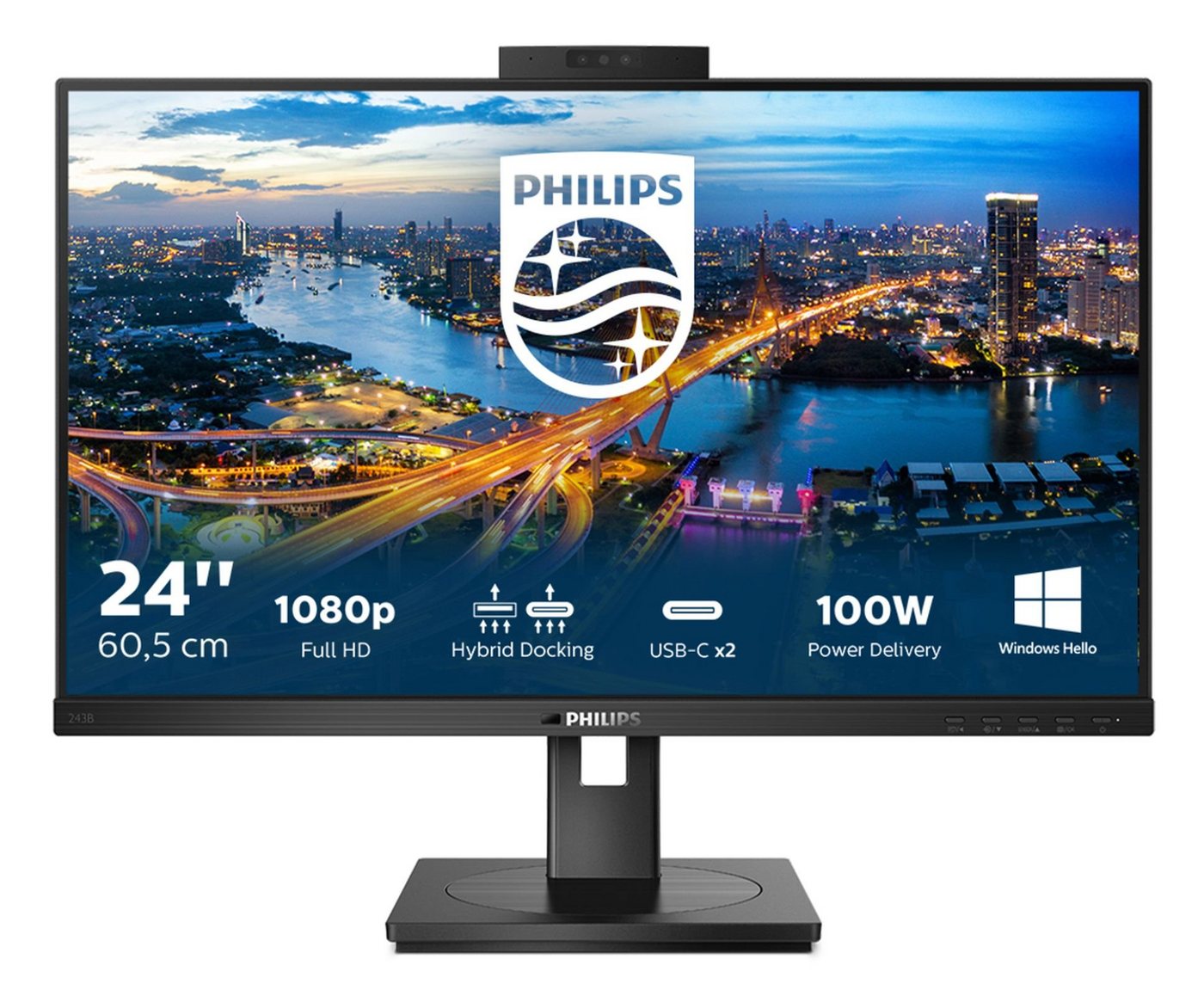 Philips 243B1JH/00 60.5CM 23.8IN 4MS TFT-Monitor (1920 x 1080 px, Full HD, 4 ms Reaktionszeit, 75 Hz, IPS, Eingebautes Mikrofon, Kamera, Lautsprecher, HDCP, Höhenverstellbar) von Philips