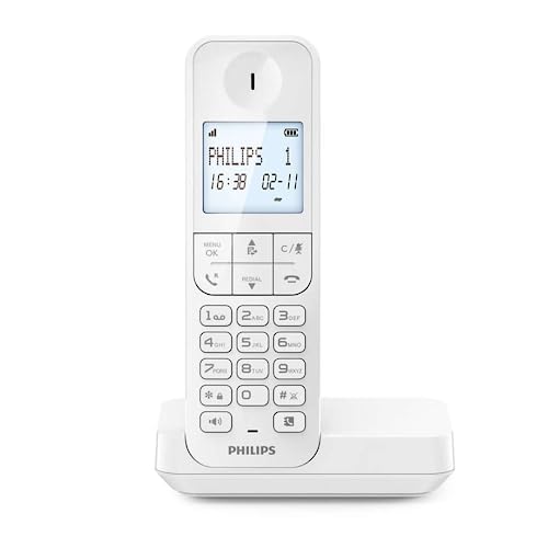 Philips D2701W - Schnurlostelefon, 4,6 Zoll (11,6 cm), vertikales Mikrofon, Freisprecheinrichtung, bis zu 14 Stunden, optimierte Antenne, Datenschutzeinstellungen, Weiß von Philips