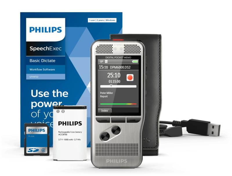 Philips DPM6000 PocketMemo Digitales Diktiergerät (3D-Mikrofon, Schiebeschalter, Bewegungssensor, SpeechExec Dictate) von Philips