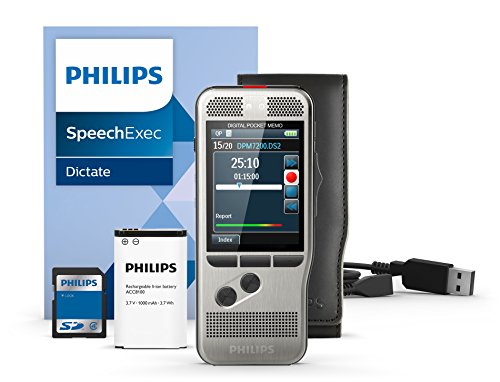 Philips DPM7200 Digitales Diktiergerät Aufnahmegerät, Bedienung per Schiebeschalter, 2 Mikrofone für ausgez. Stereo-Tonaufnahmen, Farbdisplay, Edelstahlgehäuse, inkl. Diktiersoftware SpeechExec 10 von Philips
