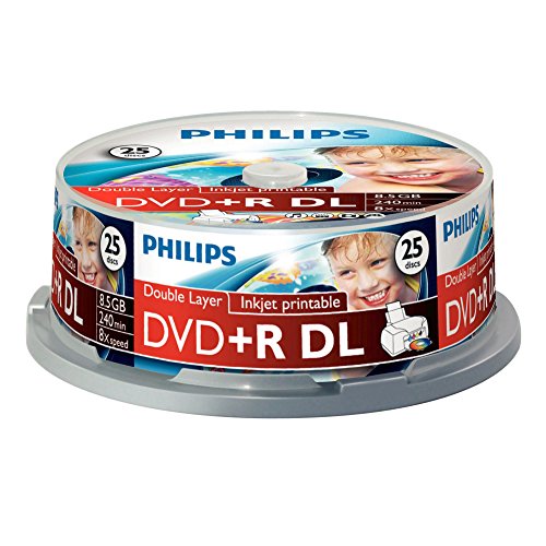 Philips DVD+R Rohlinge (8.5 GB Data/ 240 Minuten Video, 8X High Speed Aufnahme, 25er Spindel, Double Layer DL, Inkjet Printable) von Philips