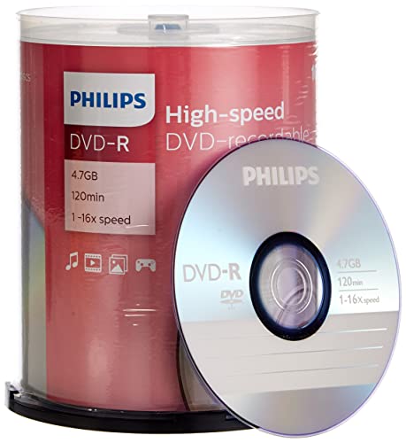 Philips DVD-R Rohlinge (4.7 GB Data/ 120 Minuten Video, 16x High Speed Aufnahme, 100er Spindel), DM4S6B00F/00 von Philips
