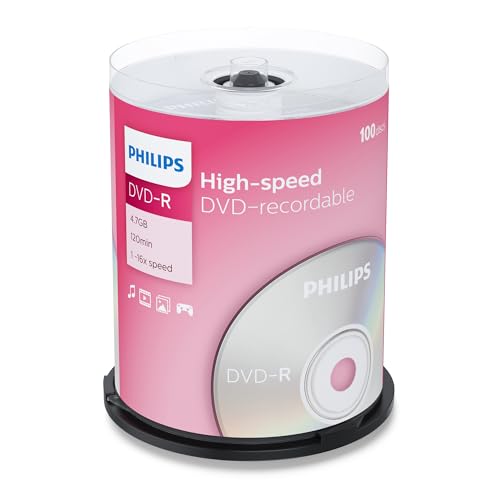 Philips DVD-R Rohlinge (4.7 GB Data/ 120 Minuten Video, 16x High Speed Aufnahme, 100er Spindel), DM4S6B00F/00 von Philips