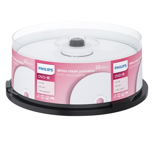 Philips DVD-R Rohlinge bedruckbar High-Speed (4.7 GB /120 Minuten Video, 1-16x Speed, 25er Spindel, White injet Printable) von Philips