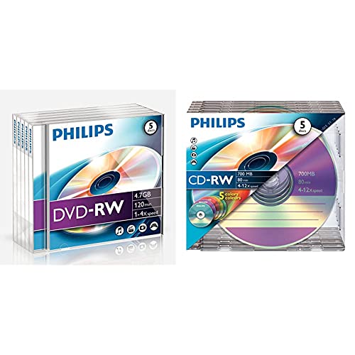 Philips DVD-RW Rohlinge (4.7 GB Data/ 120 Minuten Video, 1-4x Speed Aufnahme, 5er Jewel Case) & CD-RW Rohlinge 80Min 700MB 4-12x 5er Slim Case Coloured von Philips