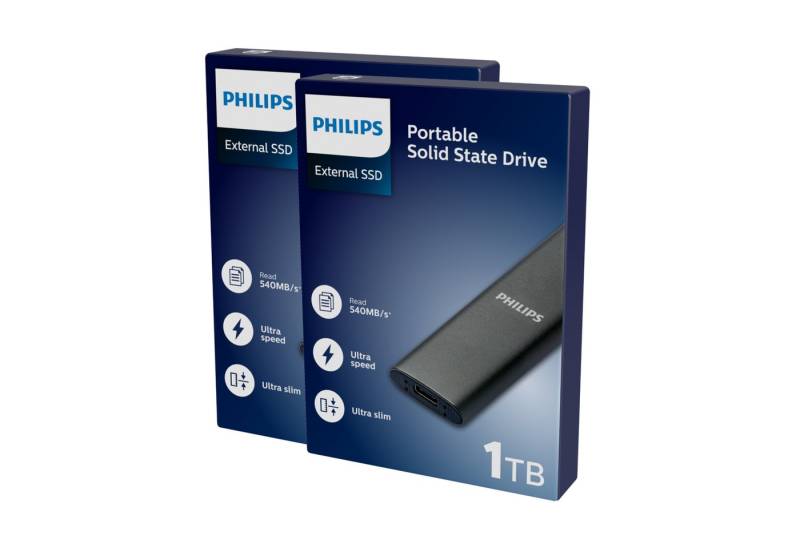 Philips FM01SS030P/20 externe SSD (1TB) 1.8 540 MB/S Lesegeschwindigkeit, 520 MB/S Schreibgeschwindigkeit, Ultra Speed USB-C 3.2, Aluminium, Space Grey, 2er Pack" von Philips