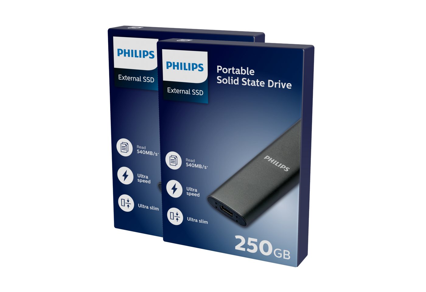 Philips FM25SS030P/20 externe SSD (250GB) 1.8 540 MB/S Lesegeschwindigkeit, 520 MB/S Schreibgeschwindigkeit, Space Grey, Ultra Speed USB-C 3.2, Aluminium, 2er Pack" von Philips