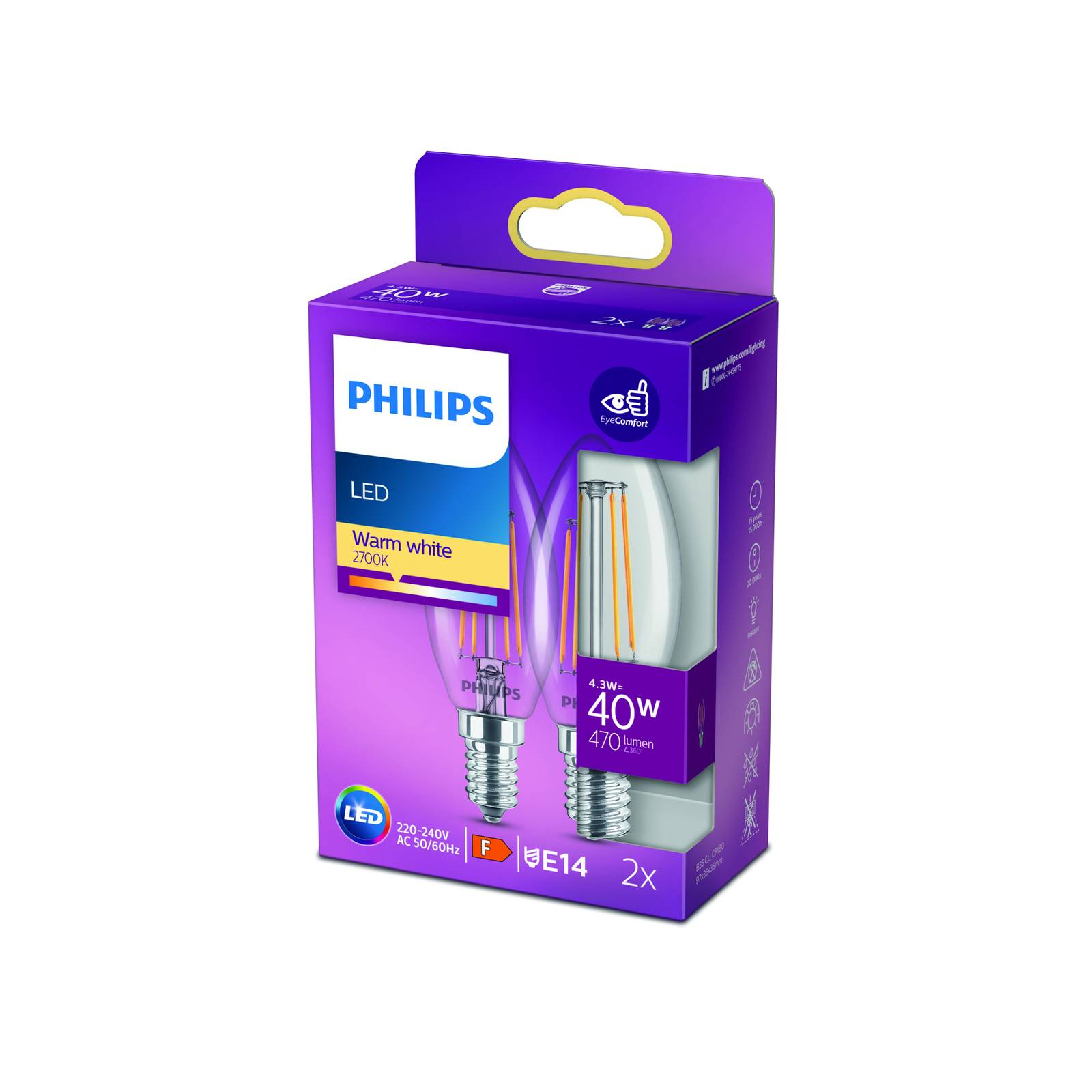Philips LED-Kerze Filament E14 4,3W 2.700K 2er von Philips