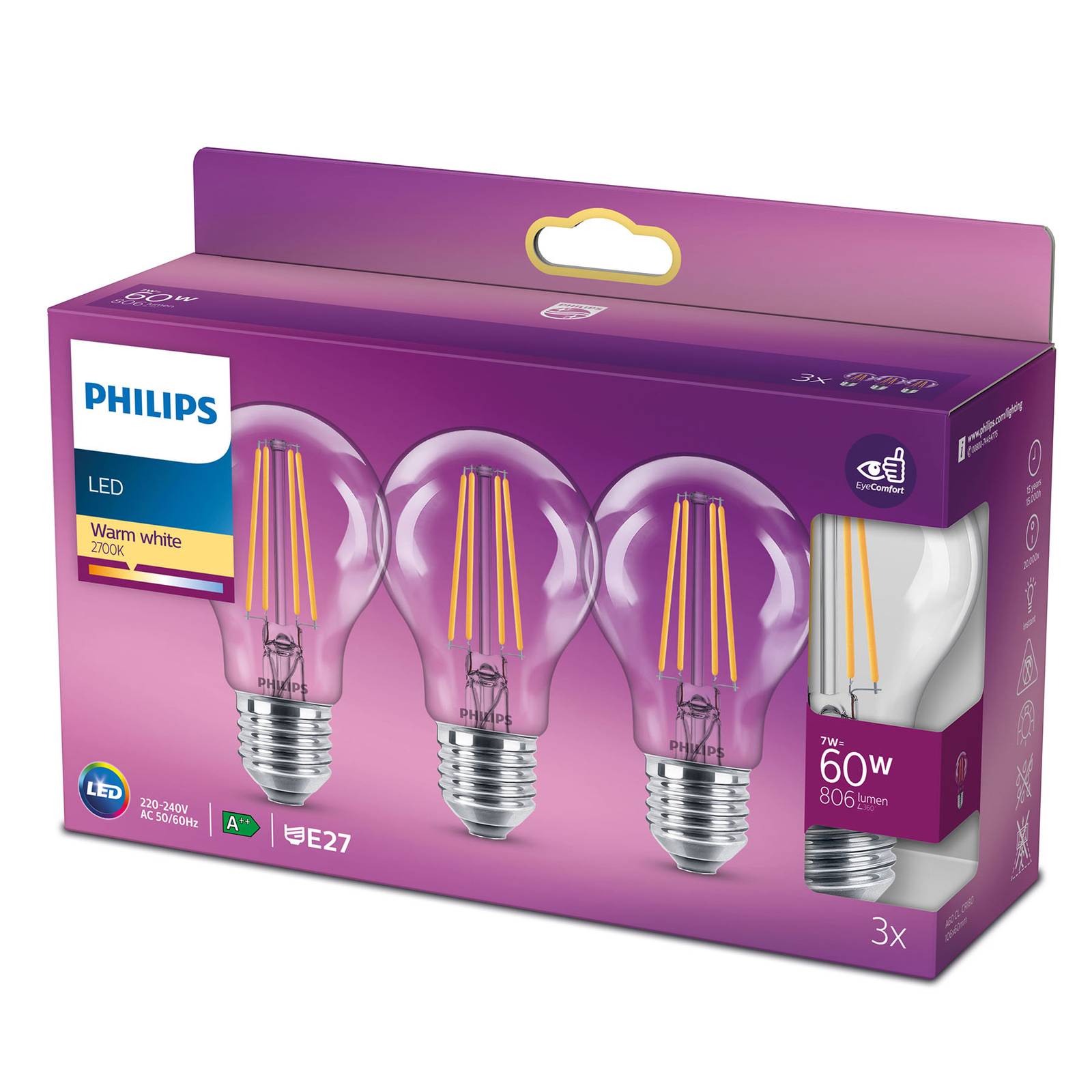 Philips LED-Lampe Classic E27 A60 7W 827 klar 3er von Philips