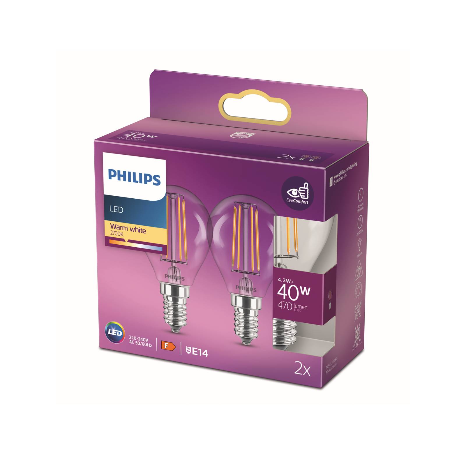 Philips LED-Lampe E14 4,3W P45 Filament 2.700K 2er Philips LED-Lampe E14 4,3W P45 Filament 2.700K 2er von Philips