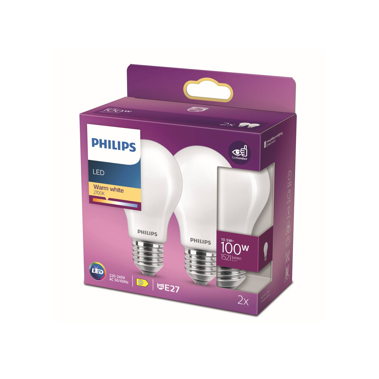 Philips LED-Lampe E27 10,5W 2.700K opal 2er-Pack von Philips