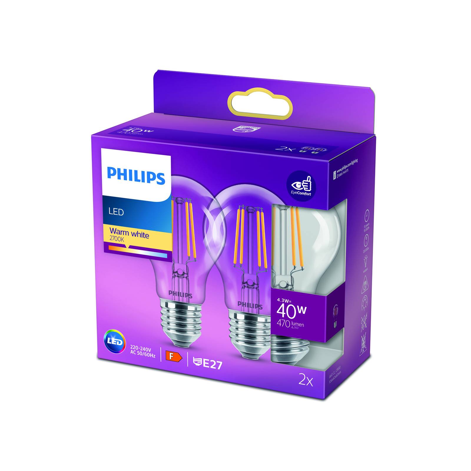 Philips LED-Lampe E27 4,3W 2.700K Filament 2er Philips LED-Lampe E27 4,3W 2.700K Filament 2er von Philips