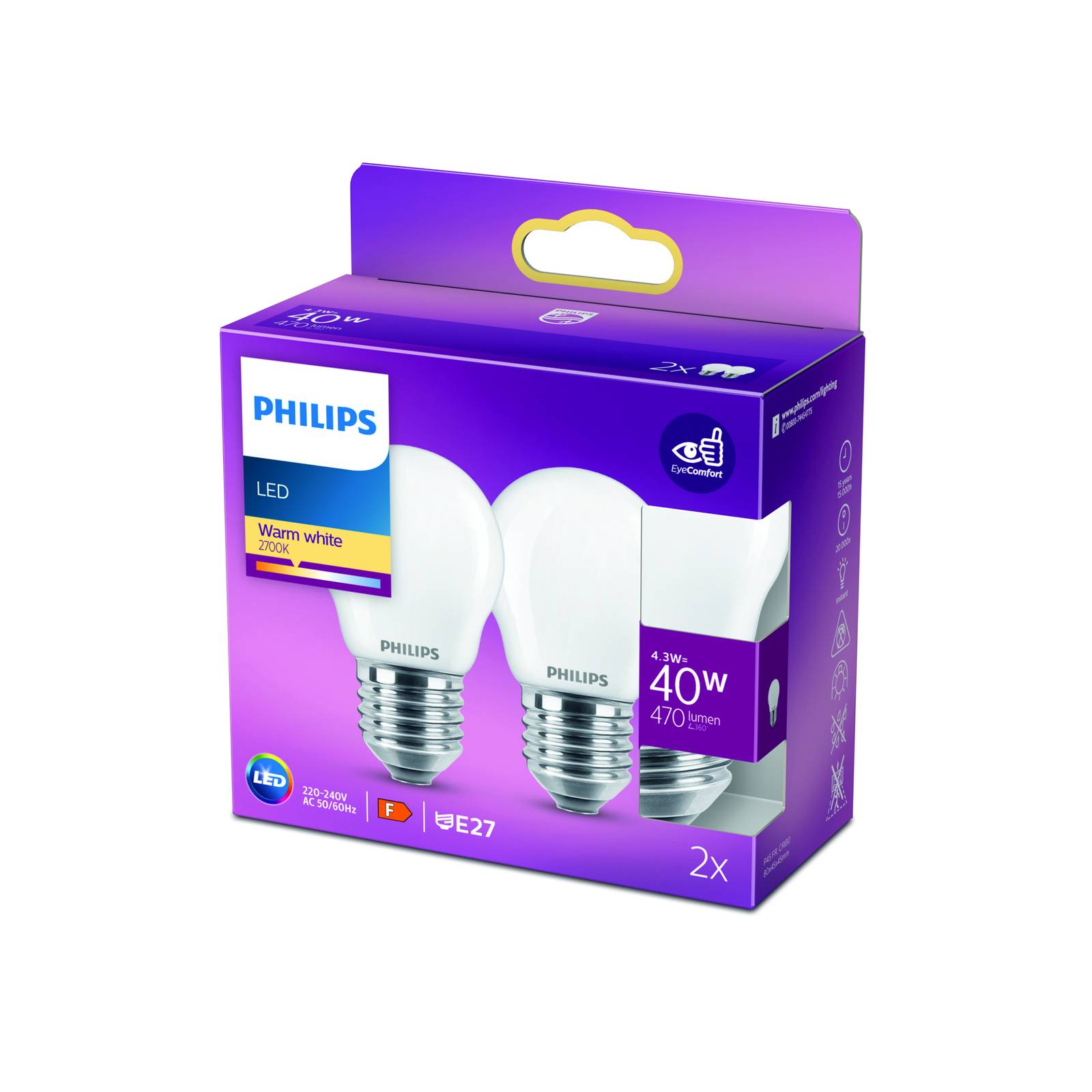 Philips LED-Lampe E27 P45 4,3W 2.700K opal 2er von Philips