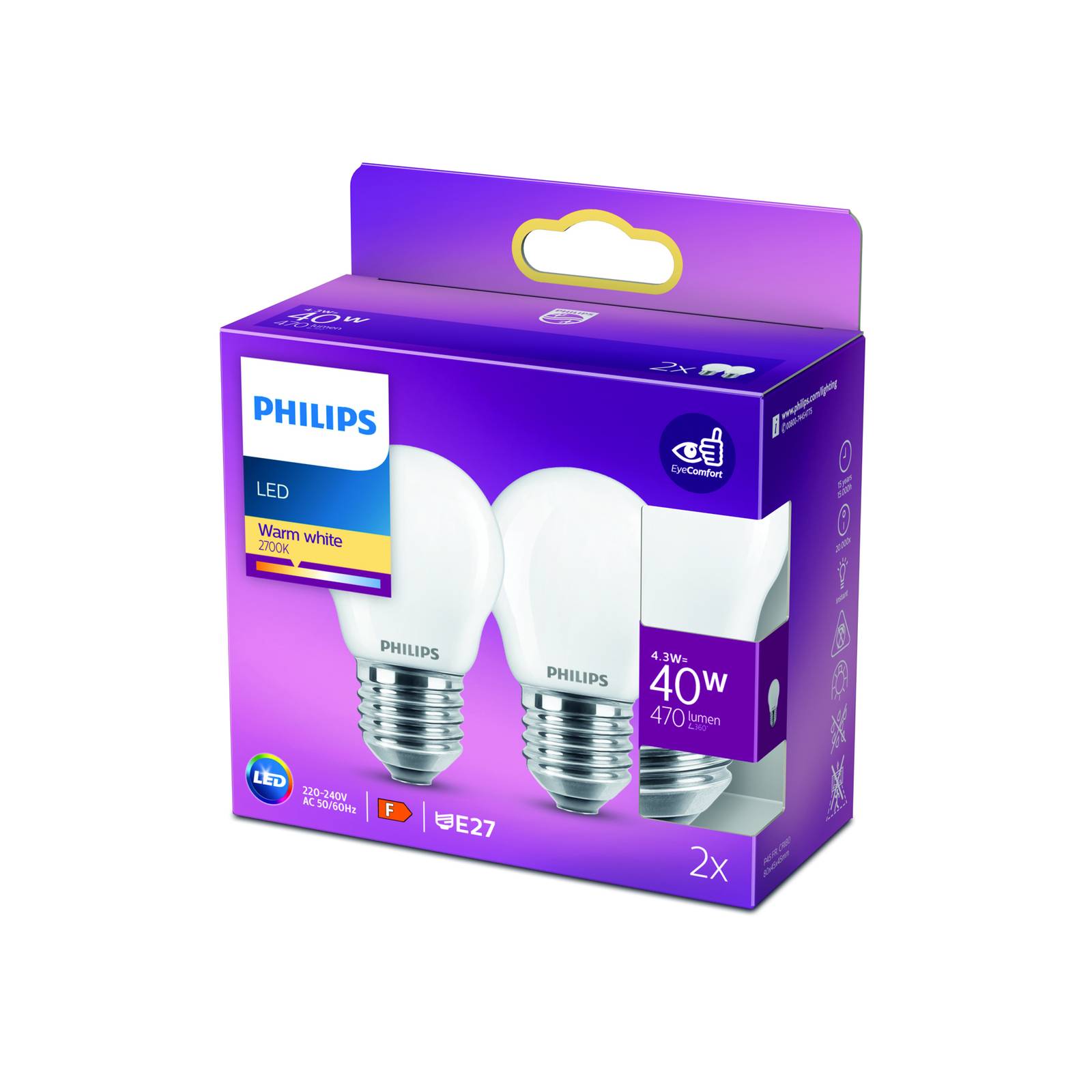 Philips LED-Lampe E27 P45 4,3W 2.700K opal 2er Philips LED-Lampe E27 P45 4,3W 2.700K opal 2er von Philips