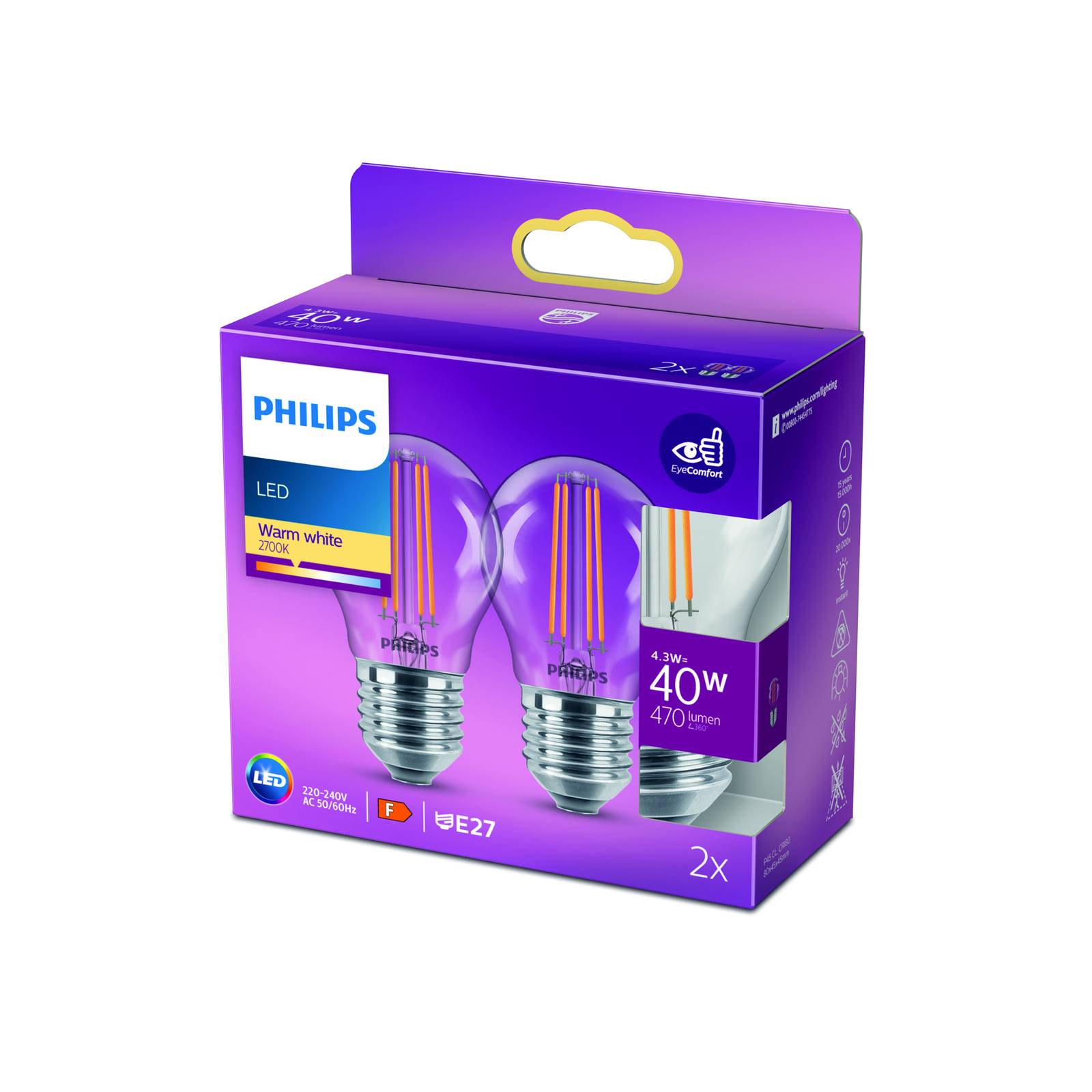 Philips LED-Lampe E27 P45 4,3W Filament 2700K 2er Philips LED-Lampe E27 P45 4,3W Filament 2700K 2er von Philips