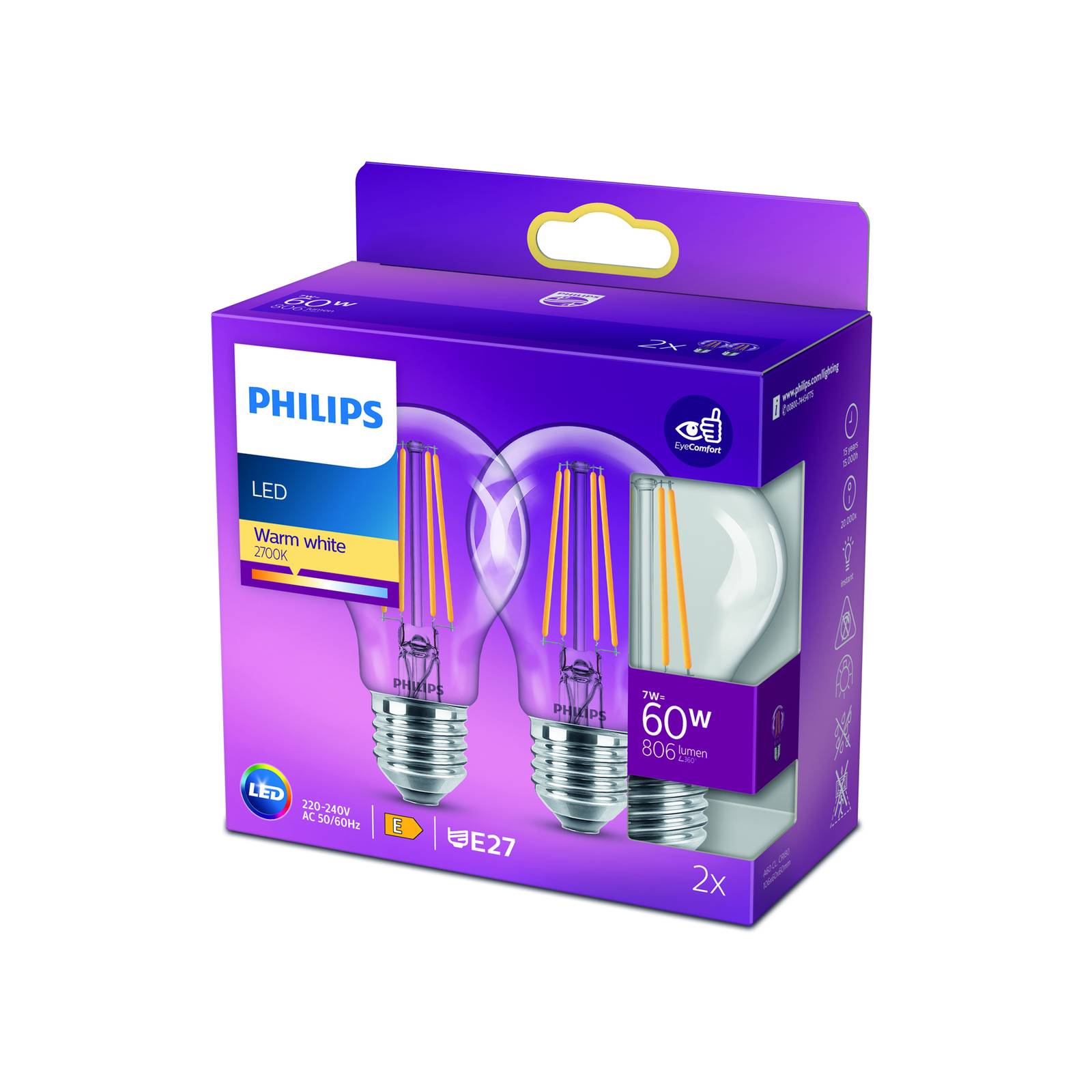 Philips LED-Leuchtmittel E27 7W 2.700K Filament klar 2er-Set von Philips