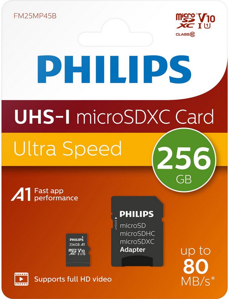 Philips Micro SDXC Karte 256GB Speicherkarte UHS-I U1 V10 A1 Class 10 Speicherkarte von Philips