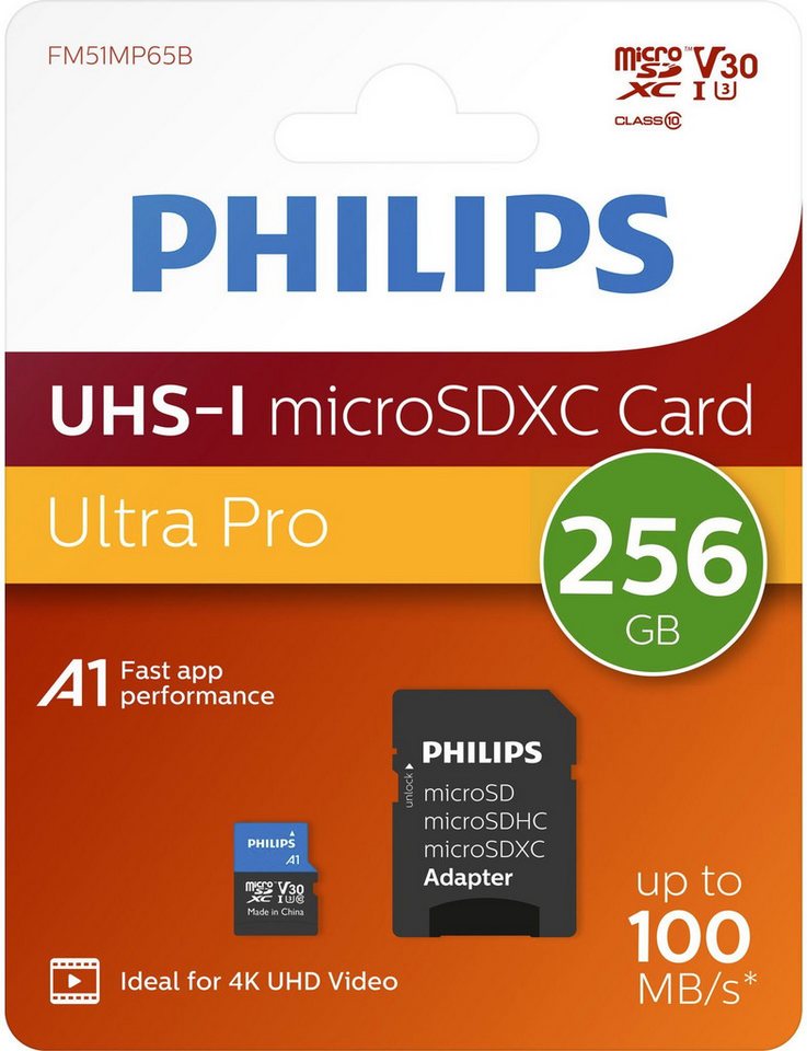 Philips Micro SDXC Karte 256GB Speicherkarte Ultra Pro UHS-I U3 V30 A1 Speicherkarte von Philips