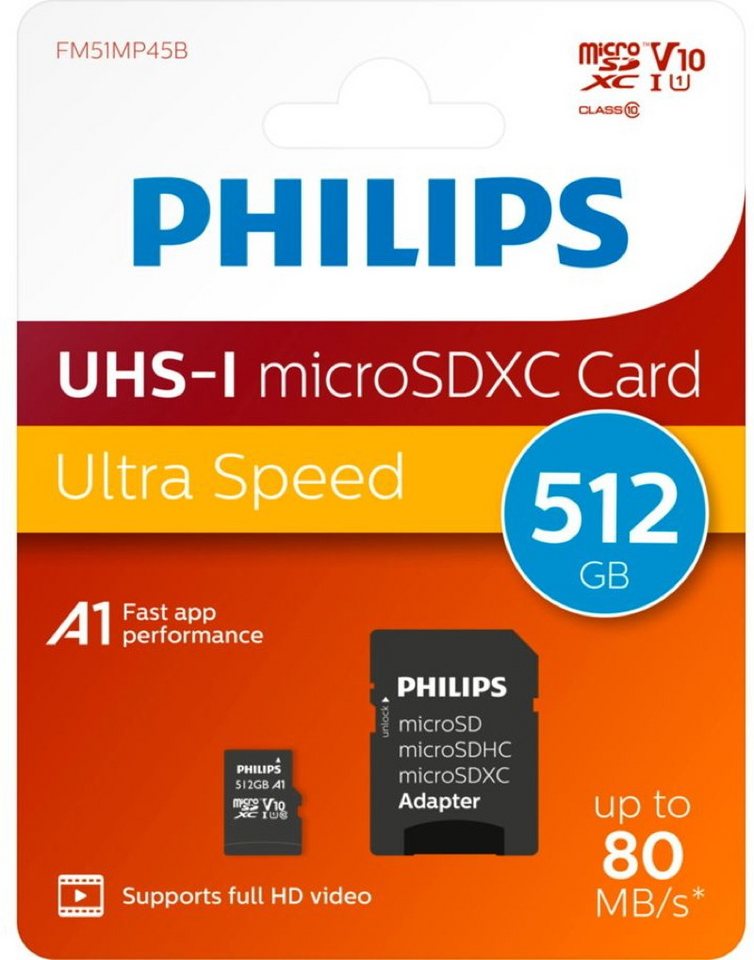 Philips Micro SDXC Karte 512GB Speicherkarte UHS-I U1 V10 A1 Class 10 Speicherkarte von Philips