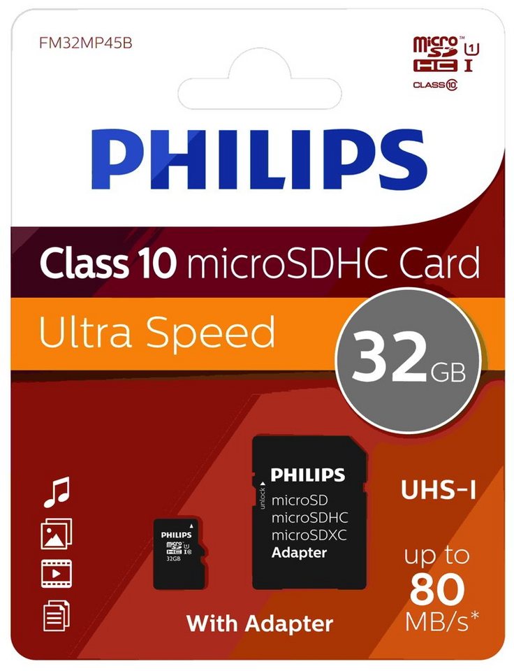 Philips Philips Micro SDHC Karte 32GB Speicherkarte UHS-I U1 Class 10 Speicherkarte von Philips