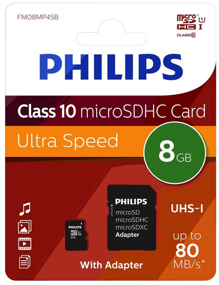Philips Philips Micro SDHC Karte 8GB Speicherkarte UHS-I U1 Class 10 Speicherkarte von Philips