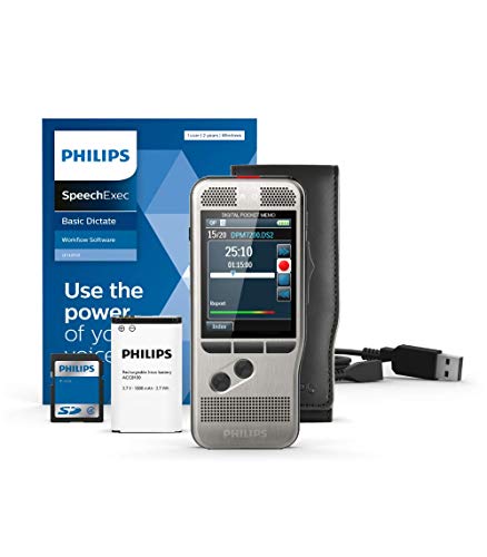 Philips Pocket Memo Digitales Diktiergerät DPM7000 Schiebeschalter-Bedienung, 2 Mikrofone für Stereo-Tonaufnahmen, Farbdisplay, Edelstahlgehäuse, inkl. Diktiersoftware SpeechExec Basic 2-Jahres-ABO von Philips
