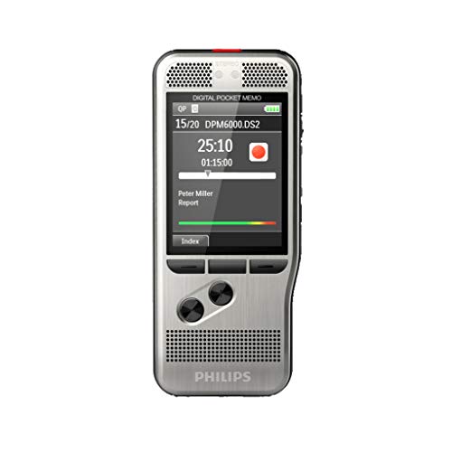 Philips Pocket Memo Digitales Diktiergerät DPM7000 Schiebeschalter-Bedienung, 2 Mikrofone für Stereo-Tonaufnahmen, Farbdisplay, Edelstahlgehäuse, inkl. Diktiersoftware SpeechExec Basic 2-Jahres-ABO von Philips