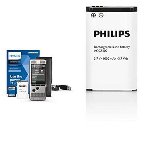 Philips PocketMemo DPM6000 Digitales Diktiergerät, Audiorecorder, Aufnahmegerät inkl. Diktiersoftware SpeechExec Basic 2-Jahres-ABO & ACC8100 Li-Ion Akku für Philips DPM8xxx, 7XXX, 6XXX, schwarz/weiß von Philips
