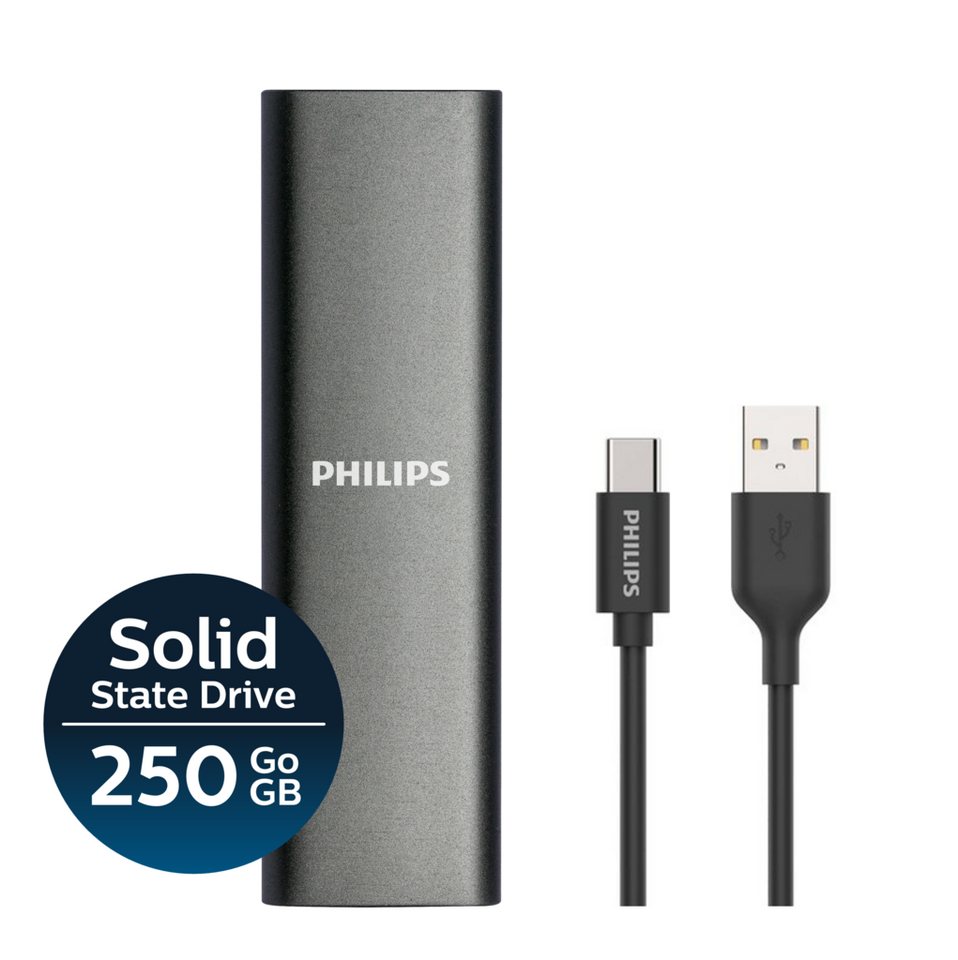 Philips Portable SSD 250 GB, FM25SS031P/00 externe SSD (250GB) 540 MB/S Lesegeschwindigkeit, 520 MB/S Schreibgeschwindigkeit, Ultra Speed USB-C 3.2, Space Grey, Aluminium von Philips