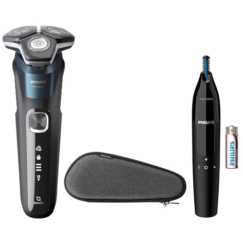 Philips S5889/11 Series 5000 Herrenrasierer, nass & trocken, 360° Scherköpfe, SkinIQ, inkl. Nasen-/Ohrhaartrimmer, USB-Ladung, LED-Display, Reiseetui Philips S5889/11 Series 5000 Herrenrasierer, nass & trocken, 360° Scherköpfe, SkinIQ, inkl. Nasen-/Ohrhaartrimmer, USB-Ladung, LED-Display, Reiseetui von Philips