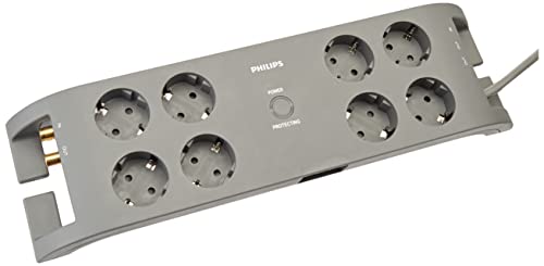 Philips SPN5085B/10 Steckdosenleiste mit Schalter - Überspannungsschutz - 8-Fach Steckdosen - 1800 J - Stecker Typ F - Grau von Philips