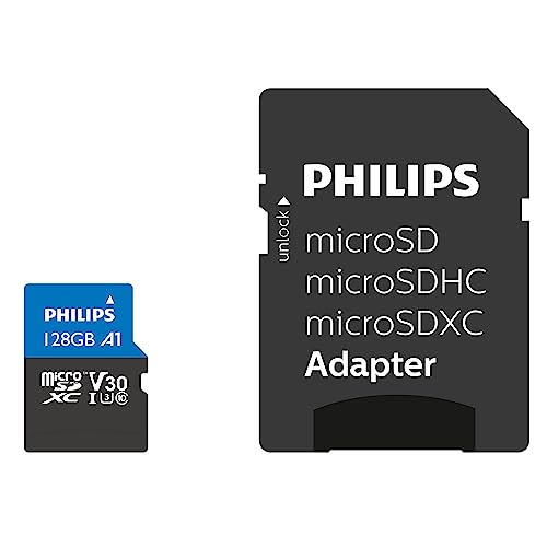 Philips Ultra Pro microSDXC Card 128 GB + SD Adapter UHS-I U3, Lesegeschwindigkeit bis zu 100 MB/s, A1 Fast App Performance, V30, Speicherkarte für Smartphones, Tablet, PC, Card Reader, 4K UHD Video von Philips