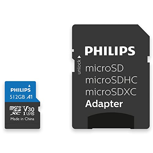 Philips Ultra Pro microSDXC Card 512 GB + SD Adapter UHS-I U3, Lesegeschwindigkeit bis zu 100 MB/s, A1 Fast App Performance, V30, Speicherkarte für Smartphones, Tablet, PC, Card Reader, 4K UHD Video von Philips