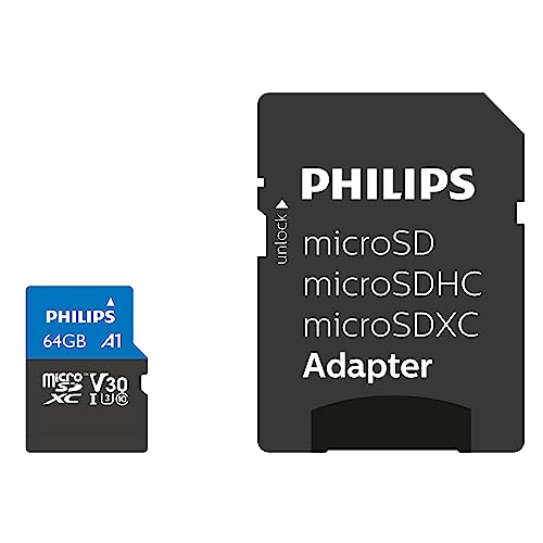 Philips Ultra Pro microSDXC Card 64 GB + SD Adapter UHS-I U3, Lesegeschwindigkeit bis zu 100 MB/s, A1 Fast App Performance, V30, Speicherkarte für Smartphones, Tablet, PC, Card Reader, 4K UHD Video von Philips