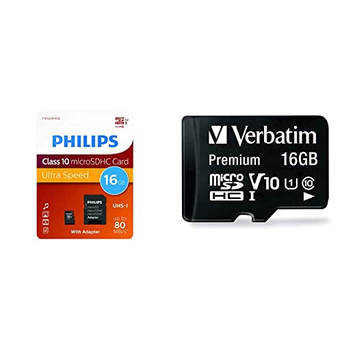Philips Ultra Speed microSDHC Card 16GB + SD Adapter UHS-I U1 Reads up to 80MB/s A1 Fast App Performance V10 Memory Card for Smartphones & Verbatim Premium Micro SDHC Speicherkarte mit Adapter von Philips