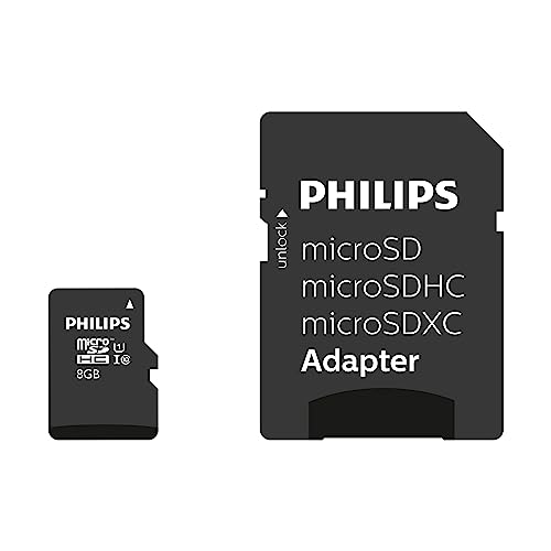 Philips Ultra Speed microSDHC Card 8 GB + SD Adapter UHS-I U1, Lesegeschwindigkeit bis zu 80 MB/s, A1 Fast App Performance, V10, Speicherkarte für Smartphones, Tablet, PC, Card Reader, Full HD Video Philips Ultra Speed microSDHC Card 8 GB + SD Adapter UHS-I U1, Lesegeschwindigkeit bis zu 80 MB/s, A1 Fast App Performance, V10, Speicherkarte für Smartphones, Tablet, PC, Card Reader, Full HD Video von Philips