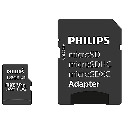 Philips Ultra Speed microSDXC Card 128 GB + SD Adapter UHS-I U1, Lesegeschwindigkeit bis zu 80 MB/s, A1 Fast App Performance, V10, Speicherkarte für Smartphones, Tablet, PC, Card Reader, Full HD Video von Philips