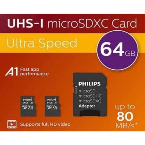 Philips Ultra Speed microSDXC Card 2x 64 GB + SD Adapter UHS-I U1, Lesegeschwindigkeit bis zu 80 MB/s, A1 Fast App Performance, V10, Speicherkarte für Smartphones, Tablet, PC,Card Reader,Full HD Video von Philips