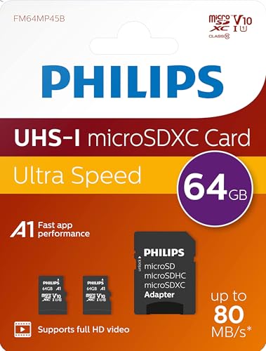 Philips Ultra Speed microSDXC Card 2x 64 GB + SD Adapter UHS-I U1, Lesegeschwindigkeit bis zu 80 MB/s, A1 Fast App Performance, V10, Speicherkarte für Smartphones, Tablet, PC,Card Reader,Full HD Video von Philips