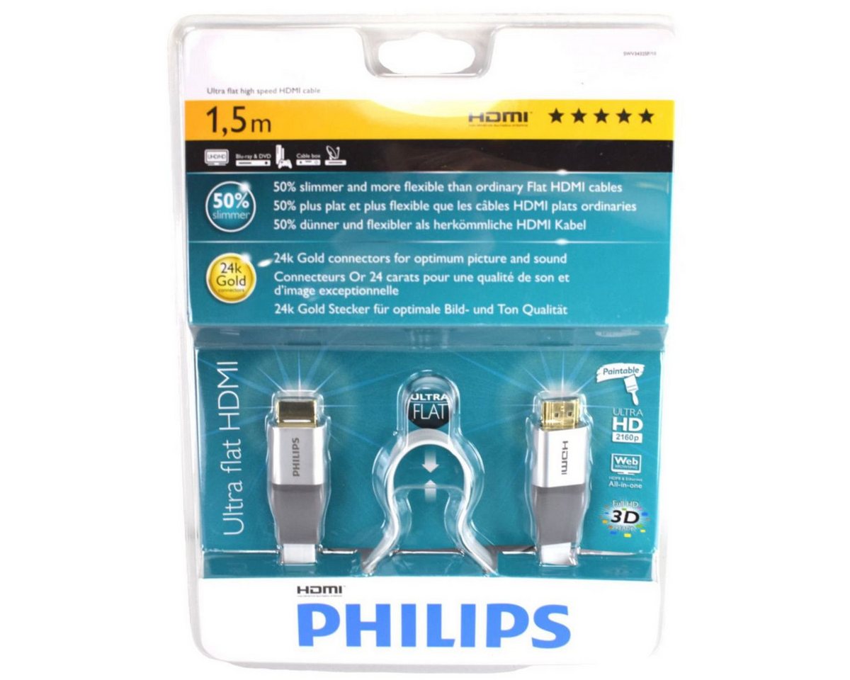 Philips Videokabel vergoldet 1,5m extra flach in weiß für HDTV ultra flat HDMI-Kabel, (150 cm), extra flexibel von Philips