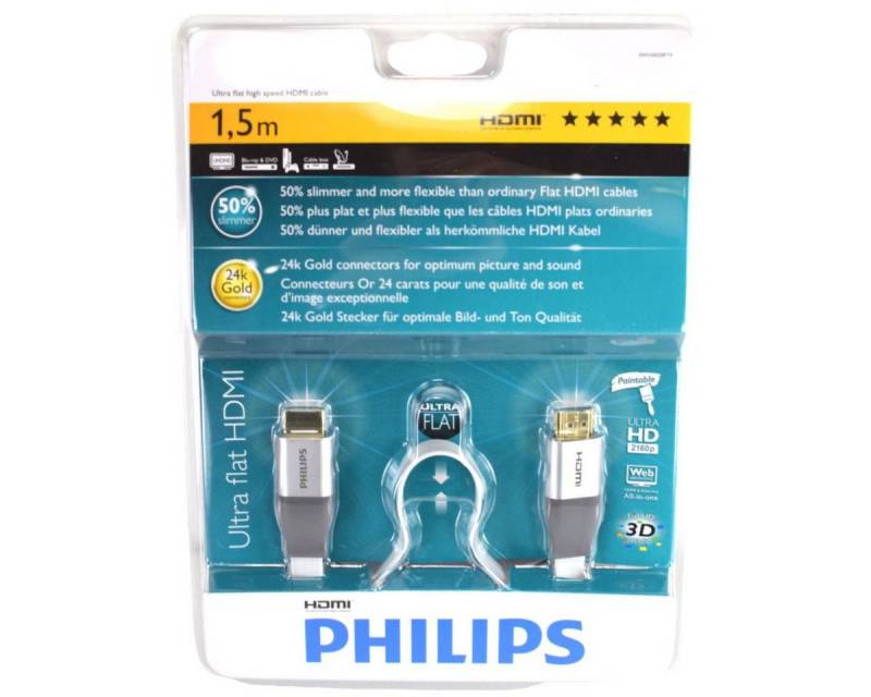 Philips Videokabel vergoldet 1,5m extra flach in weiß für HDTV ultra flat HDMI-Kabel, (150 cm), extra flexibel von Philips
