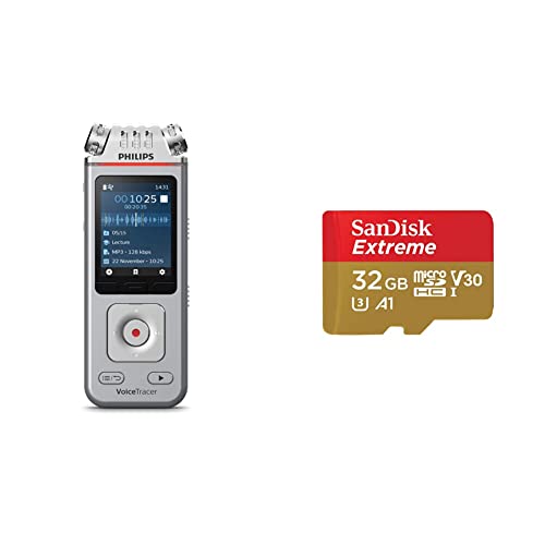 Philips VoiceTracer Audiorecorder DVT4110 digitales Diktiergerät Aufnahmegerät für Vorträge und Interviews, 8GB & SanDisk Extreme microSDHC UHS-I Speicherkarte 32 GB + Adapter von Philips