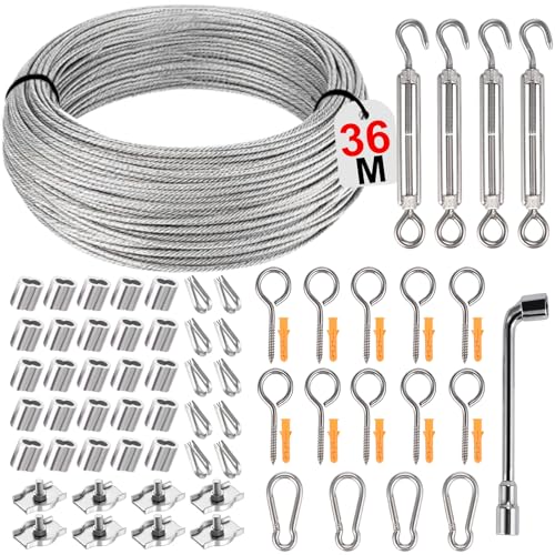 Philtool 73Pcs Stahlseil Kit, 36M Edelstahl Drahtseil 3mm, 304 Stahlseil Ummantelt mit Ösen Seilspanngarnitur für Zäune, Außenleuchten, Wäscheleine, Gardinenseil von Philtool