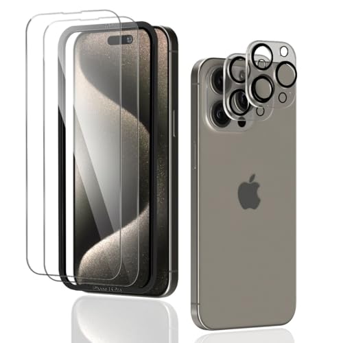 Phlleyaa Schutzfolie für iPhone 15 Pro Panzer Schutz Glas,2 Stück Displayschutz mit 2 Stück iPhone 15 Pro Kamera Schutzfolie,9H Härte/Bläschenfrei/Anti- Kratzer für iPhone 15 Pro Panzerfolie von Phlleyaa