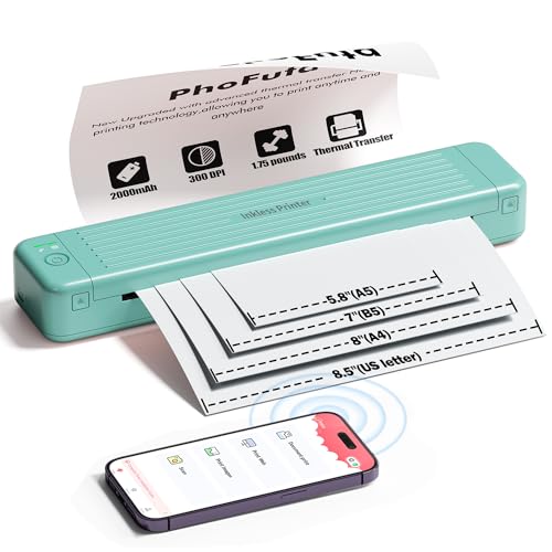 PhoFuta Bluetooth Drucker Mobiler Drucker Klein für handy Tragbarer Drucker Ohne Tinte, Unterstützt Mehreren Größen Kopierpapier und Thermopapier, Thermotransfer Duplex Drucker für Unterwegs und Reise von PhoFuta
