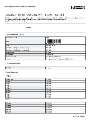 Phoenix Contact 0801804 TC/TR-PACKAGE WITH FOAM Ersatzteil 1St. Phoenix Contact 0801804 TC/TR-PACKAGE WITH FOAM Ersatzteil 1St. von Phoenix Contact