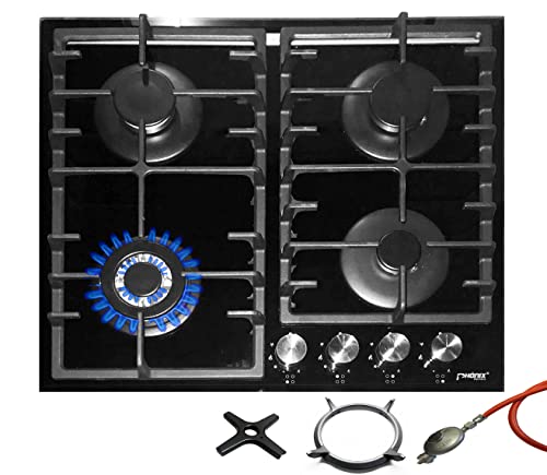 Phönix PG-603T Einbau Gaskochfeld Glas Kochfeld Gaskocher 4 flammig Propan-/ Erdgas inkl. Guss Wok-Aufsatz von Phönix Germany